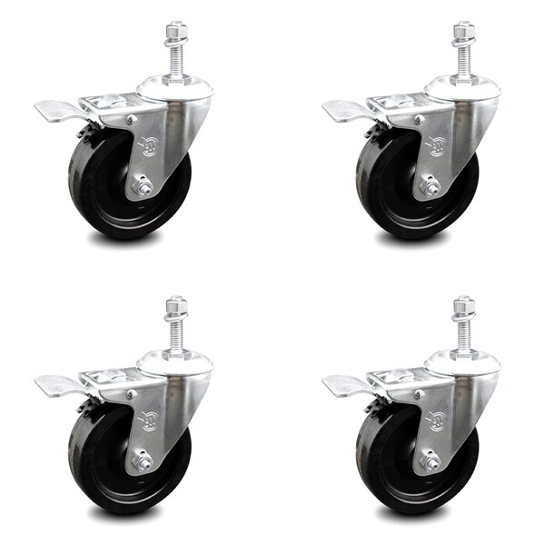 4 Inch Phenolic Swivel 10mm Threaded Stem Caster Set with Total Lock Brake